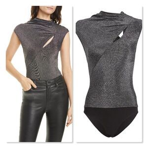 RtA Kinny Metallic Funnelneck Bodysuit size XXS in Silver/Black- NEW